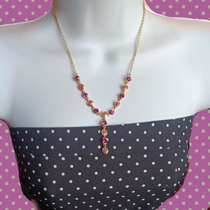 Vintage Shiny Gold Tone and Hot Pink Rhinestones Lariat "Y" Necklace, Gift for Her