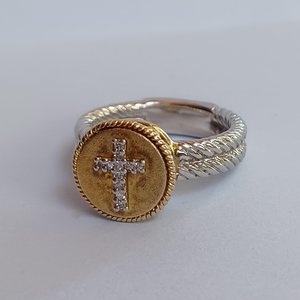 Vintage Sterling Silver, Gold Vermeil with Diamonds Cross Dangle Earrings and Ring Jewelry Set