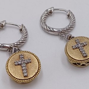 Vintage Sterling Silver, Gold Vermeil with Diamonds Cross Dangle Earrings and Ring Jewelry Set