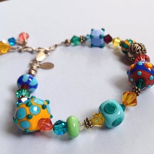 Colorful and Fun, Signed JB, Lampwork Glass and Crystal Bicone Beads Beaded Bracelet