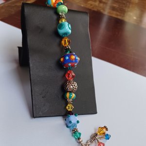 Colorful and Fun, Signed JB, Lampwork Glass and Crystal Bicone Beads Beaded Bracelet