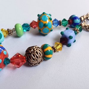 Colorful and Fun, Signed JB, Lampwork Glass and Crystal Bicone Beads Beaded Bracelet