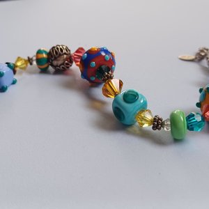 Colorful and Fun, Signed JB, Lampwork Glass and Crystal Bicone Beads Beaded Bracelet