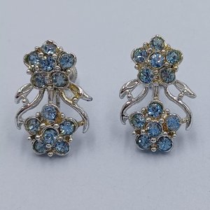 Vintage 1950's Light Blue Rhinestone Clip On Earrings Lot- 4 Pairs