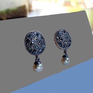 Sterling Silver and Marcasite Oval Basket Weave Design Post Earrings