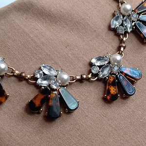 Faux Tortoise Shell and Large Clear Rhinestones Statement Necklace