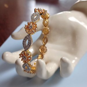 Vintage Cubic Zirconia and Peach Gems Gold Plated Bangle Bracelet for Women