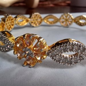 Vintage Cubic Zirconia and Peach Gems Gold Plated Bangle Bracelet for Women