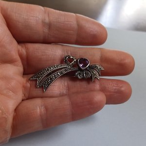 Sterling Silver, Marcasite and Amethyst Art Deco Hearts and Ribbons Brooch