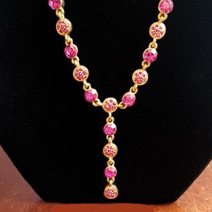 Vintage Shiny Gold Tone and Hot Pink Rhinestones Lariat "Y" Necklace, Gift for Her