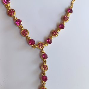 Vintage Shiny Gold Tone and Hot Pink Rhinestones Lariat "Y" Necklace, Gift for Her