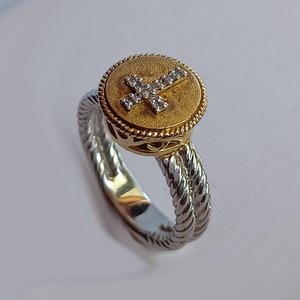 Vintage Sterling Silver, Gold Vermeil with Diamonds Cross Dangle Earrings and Ring Jewelry Set