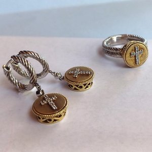 Vintage Sterling Silver, Gold Vermeil with Diamonds Cross Dangle Earrings and Ring Jewelry Set