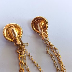 Vintage Shiny Gold Tone with 3 Chains and Pink Rhinestones Sweater Clips