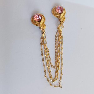 Vintage Shiny Gold Tone with 3 Chains and Pink Rhinestones Sweater Clips