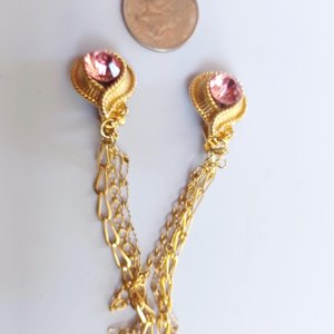 Vintage Shiny Gold Tone with 3 Chains and Pink Rhinestones Sweater Clips