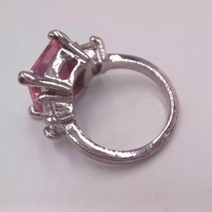 Fun Vintage Silver Tone Large Pink and Clear Princess Cut Cubic Zirconia Fashion Ring Size 5.75