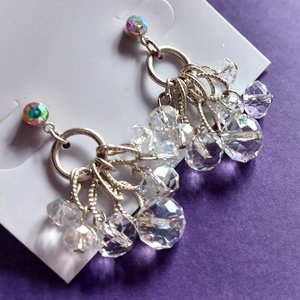 Gorgeous Vintage Silver Tone Aurora Borealis Iridescent Crystals Dangle Cha-Cha Earrings, Super Sparkly!
