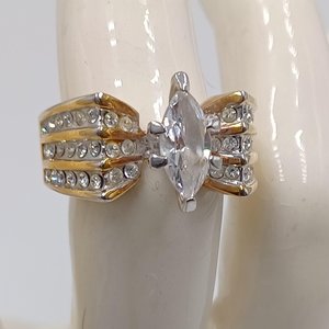 Vintage RSC Gold Tone Marquis Cut CZ Statement Fashion Ring, Size 7.5