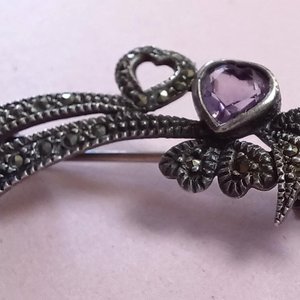 Sterling Silver, Marcasite and Amethyst Art Deco Hearts and Ribbons Brooch