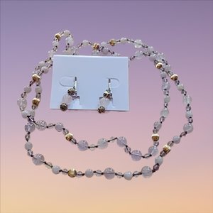 Vintage Hand Knotted Natural Light Amethyst Stones Beaded Necklace and Earrings Jewelry Set