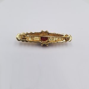 Vintage Gold Plated and Simulated Garnet and Rhinestones Bar Pin Brooch