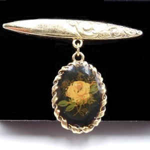 Vintage Victorian Revival Gold Tone Bar Pin with Dangling Portrait of a Rose Brooch