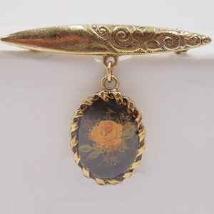 Vintage Victorian Revival Gold Tone Bar Pin with Dangling Portrait of a Rose Brooch