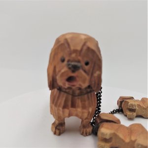 1940's Hand Carved Wooden Chained Sheepdogs Mom and 2 Pups