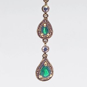 Monet Gold Tone and Dark Green Jewel Link Bracelet and Dangle Earrings Jewelry Set