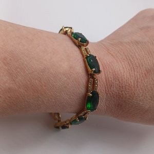 Monet Gold Tone and Dark Green Jewel Link Bracelet and Dangle Earrings Jewelry Set