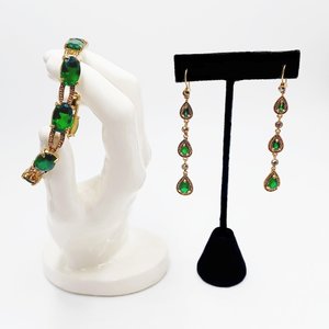 Monet Gold Tone and Dark Green Jewel Link Bracelet and Dangle Earrings Jewelry Set