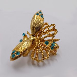 Jeanne Gold Plated Articulated Bug with Rhinestones Trembling Wings Brooch, Vintage