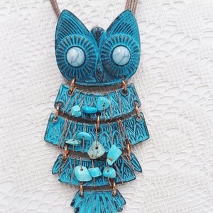 Vintage Southwestern Large Articulated Owl Pendant Necklace, Owl Lover Gift