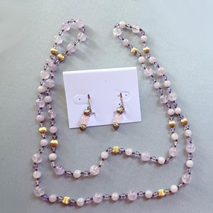Vintage Hand Knotted Natural Light Amethyst Stones Beaded Necklace and Earrings Jewelry Set