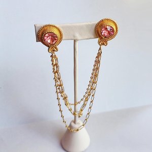 Vintage Shiny Gold Tone with 3 Chains and Pink Rhinestones Sweater Clips