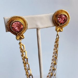 Vintage Shiny Gold Tone with 3 Chains and Pink Rhinestones Sweater Clips