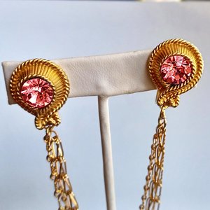 Vintage Shiny Gold Tone with 3 Chains and Pink Rhinestones Sweater Clips