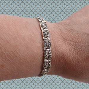Sterling Silver and Marcasite Art Deco Link Panel Bracelet, Gift for Her