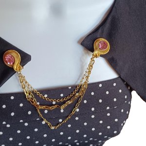 Vintage Shiny Gold Tone with 3 Chains and Pink Rhinestones Sweater Clips