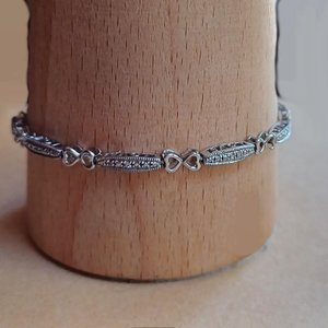 Vintage Sterling Silver Open Work Love Panel Link Tennis Bracelet, Tiny Diamonds