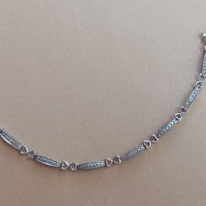 Vintage Sterling Silver Open Work Love Panel Link Tennis Bracelet, Tiny Diamonds