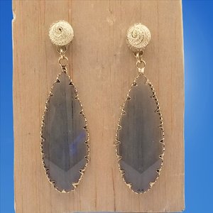 Elegant Vintage Fashion Gold and Smokey Grey Beveled Glass Leaf Dangle Pierced Earrings
