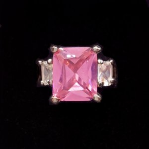 Fun Vintage Silver Tone Large Pink and Clear Princess Cut Cubic Zirconia Fashion Ring Size 5.75
