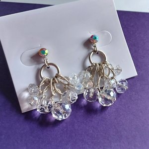 Gorgeous Vintage Silver Tone Aurora Borealis Iridescent Crystals Dangle Cha-Cha Earrings, Super Sparkly!