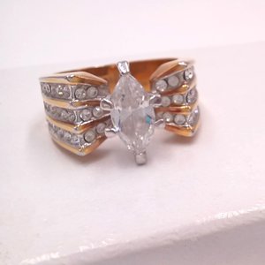 Vintage RSC Gold Tone Marquis Cut CZ Statement Fashion Ring, Size 7.5