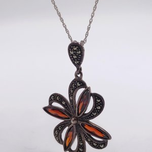Vintage Art Deco Sterling Silver Marcasite and Topaz Flower Clover Pendant Necklace