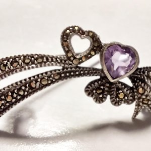 Sterling Silver, Marcasite and Amethyst Art Deco Hearts and Ribbons Brooch