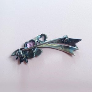 Sterling Silver, Marcasite and Amethyst Art Deco Hearts and Ribbons Brooch
