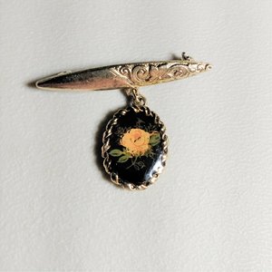 Vintage Victorian Revival Gold Tone Bar Pin with Dangling Portrait of a Rose Brooch